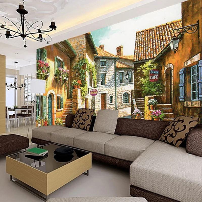 Pastorale Stadt Fototapete Vintage Haus Straße Blume Wandbild für Wohnzimmer Tv Sofa Hintergrund Tapeten