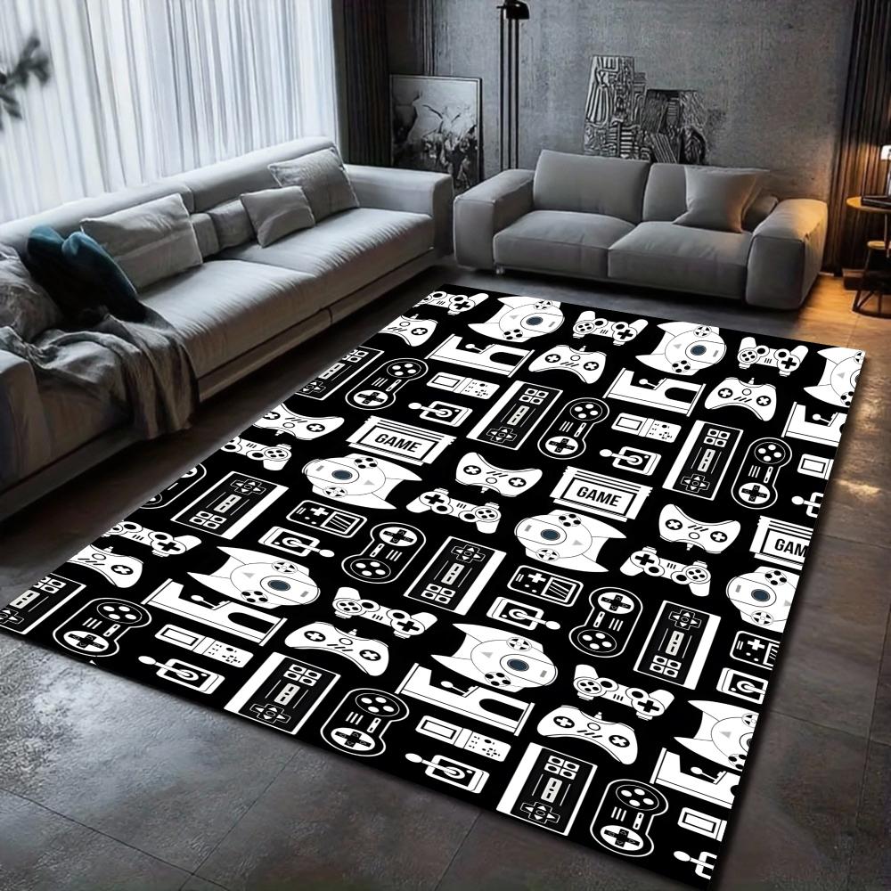 Gaming Theme Large Area Rug Black White Game Controller Accessory Icon Pattern Carpet Floor Mat for Living Room Game Room