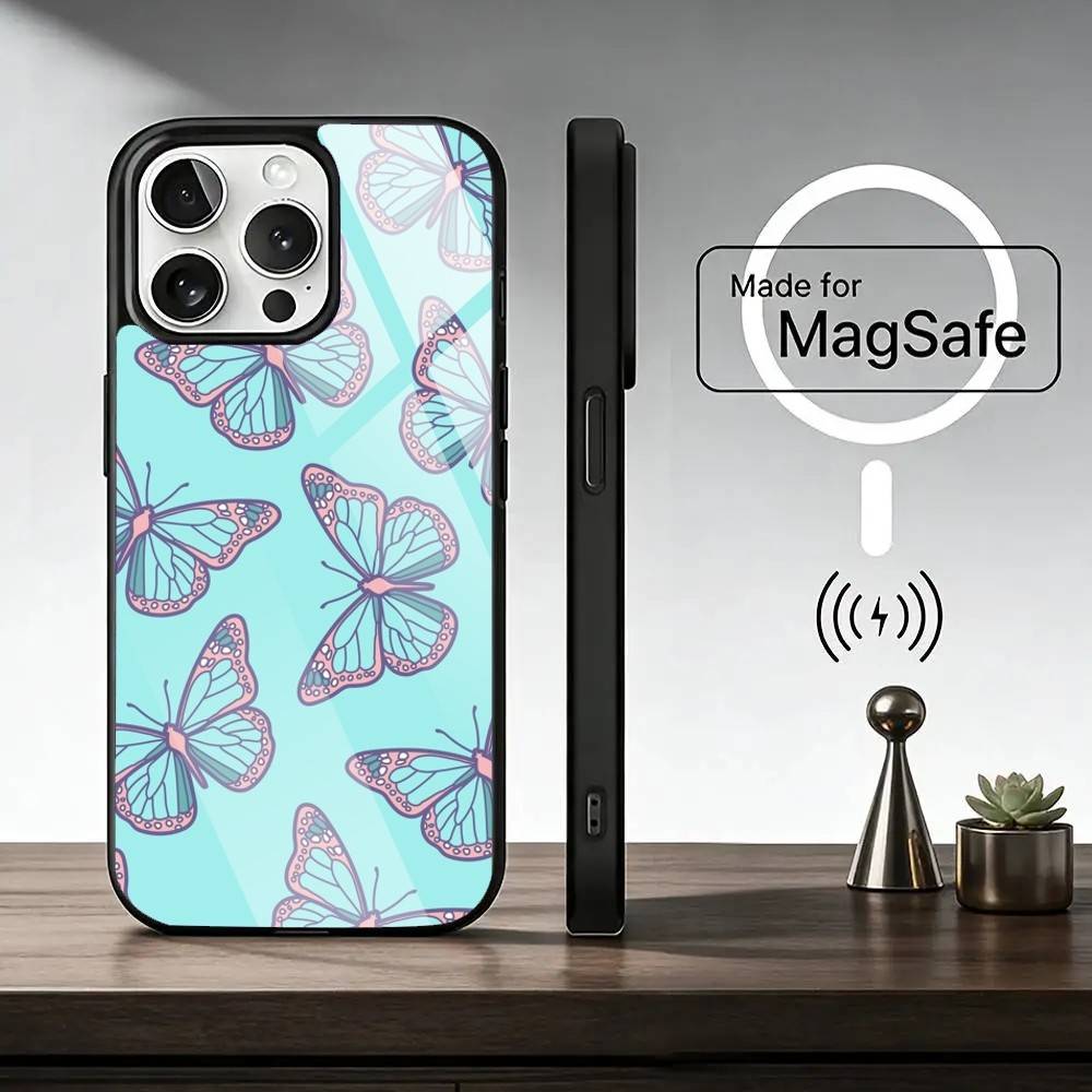Retro Art Schwarzer B-Schmetterling Handyhülle für iPhone 17, 16, 15, 14, 13, 12, 11 Plus, Pro Magnetisch mit Magsafe Kabelloses Laden