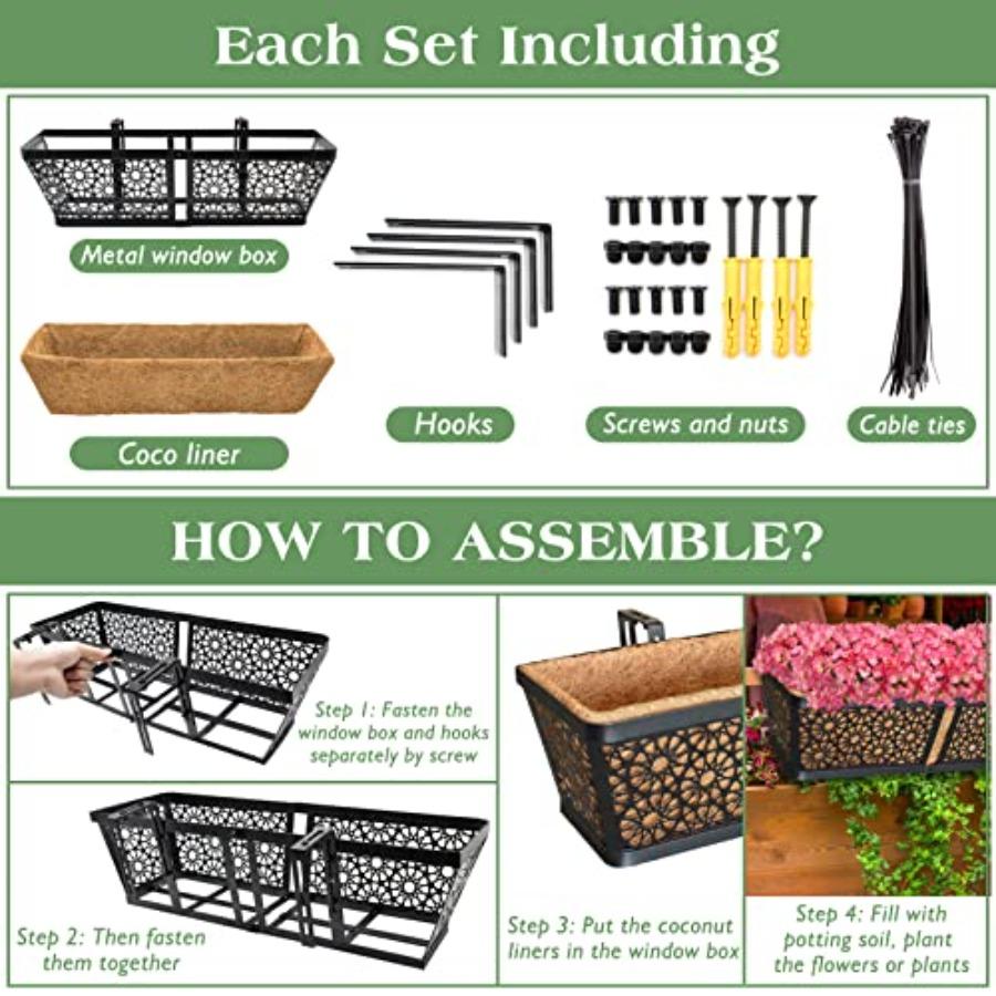 3 Pack Metal Window Box for Railings 24 Inch Over Railing Planter Boxes with Coco Liners Hanging Flower Box Planters for Outdoo