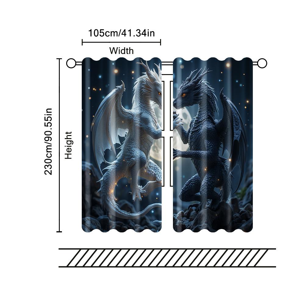 2 Pcs, Filtering Curtains (excluding Rods, Non-movable, Without Batteries) Yin Yang Dragons for Use In Bedrooms and Living Rooms