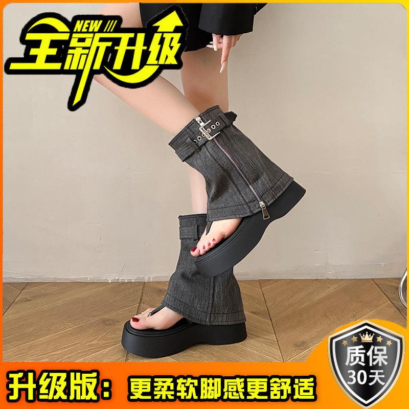 Niche designer jeans tube boots women's summer new thick-soled fashion buckle tooling boots handsome Martin boots