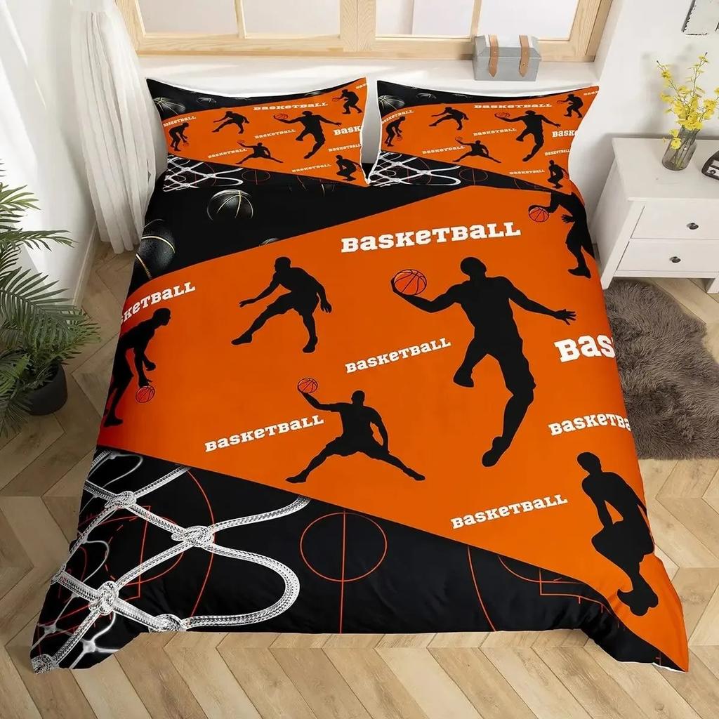Boys Basketball Duvet Cover Set Black 3D Ball Sports Bedding Set For Boys Men Basketball Court Competitive Games Comforter Cover