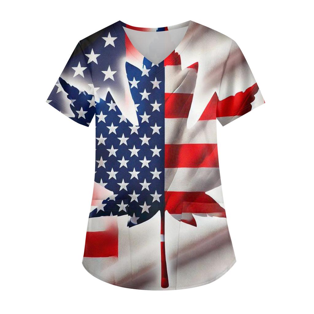 Ladies' Independence Day Printed Fashionable V-neck Pocket Short Sleeved Uniform and Caregiver Top