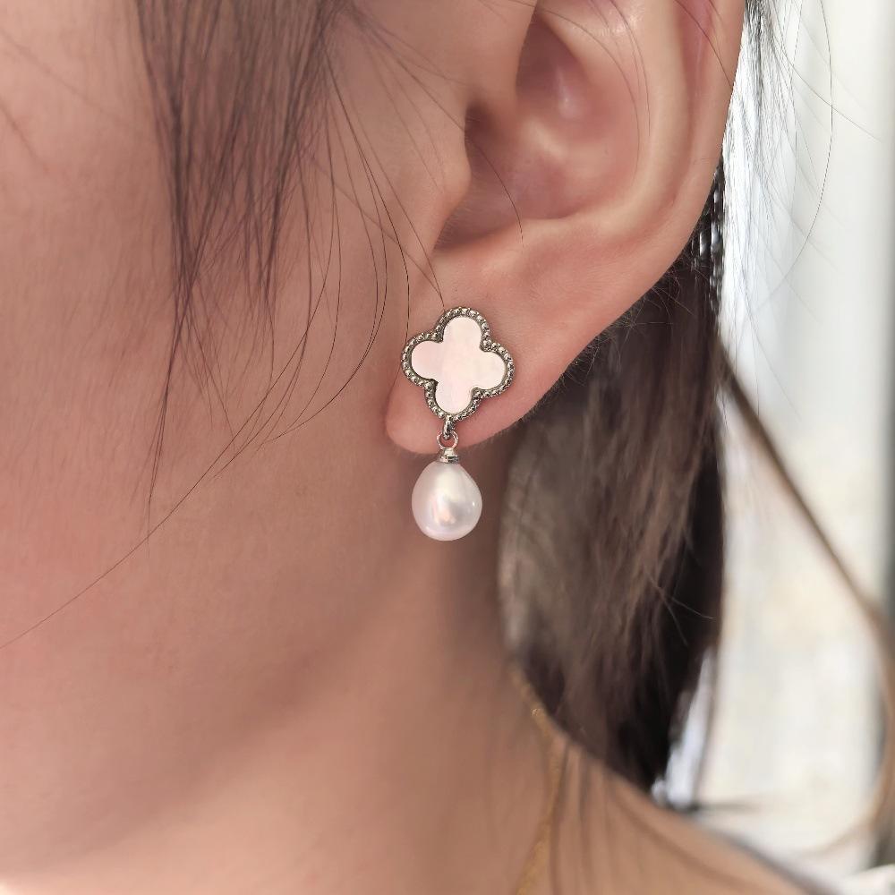 S9Silver Needle Four-leaf Clover Earrings, Zhijiang Freshwater White Genuine Pearl Drop Earrings, High-end Fashion Accessories