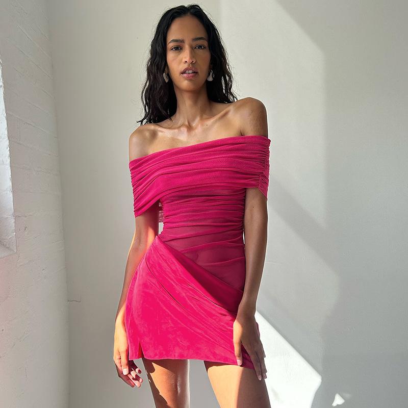 European and American summer new sexy one-word shoulder sexy hip skirt fashion mesh splicing slim dress
