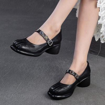 Lolita Genuine Leather Shoes Sweet Round Toe Thick Heel Wrinkled Women's Shoes