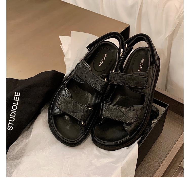 

Xiaoxiangfeng summer sports versatile washed denim word with Velcro platform sandals women flat beach shoes 40