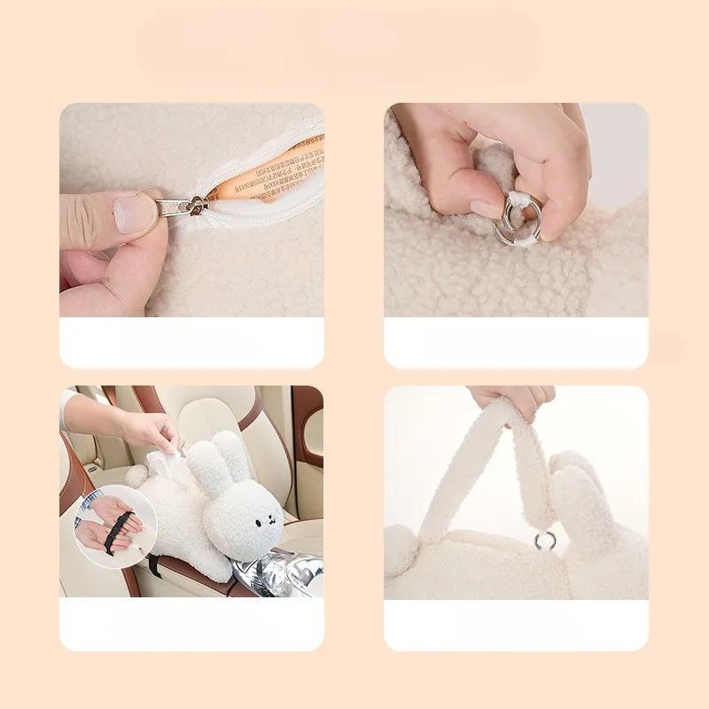 Plush Rabbit Tissue Box for Car Accessories Cartoon Car Tissue Holder Bedroom Living Room Desktop Tissue Organizer