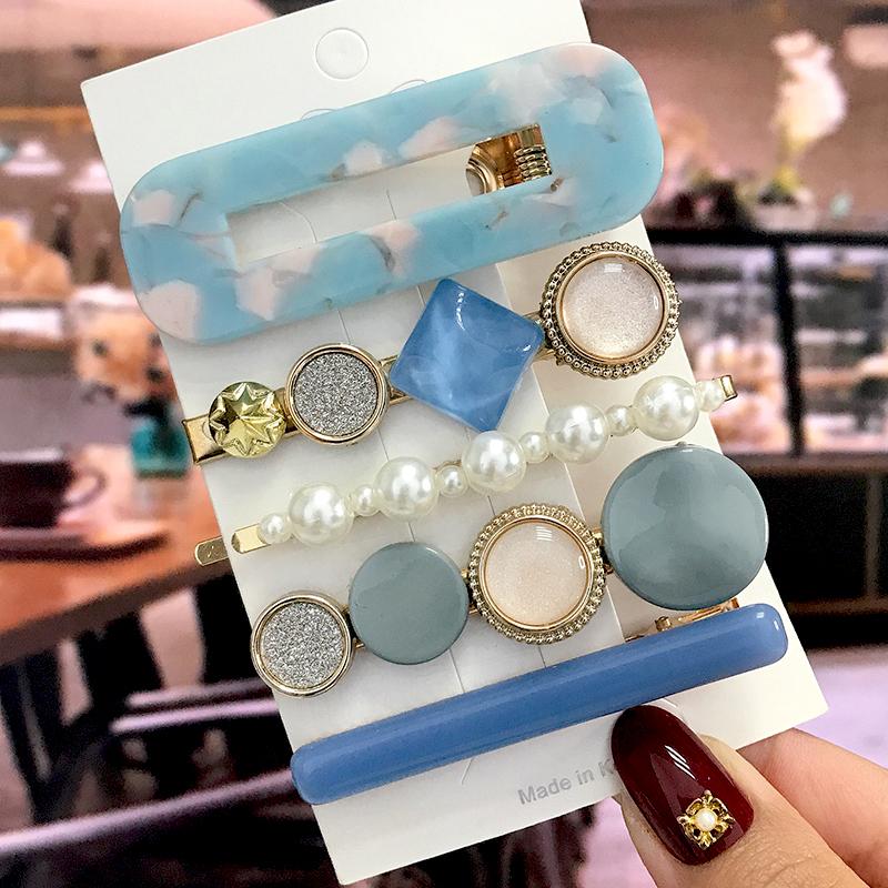 5Pcs/Set Fashion Smiley Pearl Hair Clip For Women Girl Geometric Acetate Barrettes Hairpin Headwear Hair Accessories  Trendy