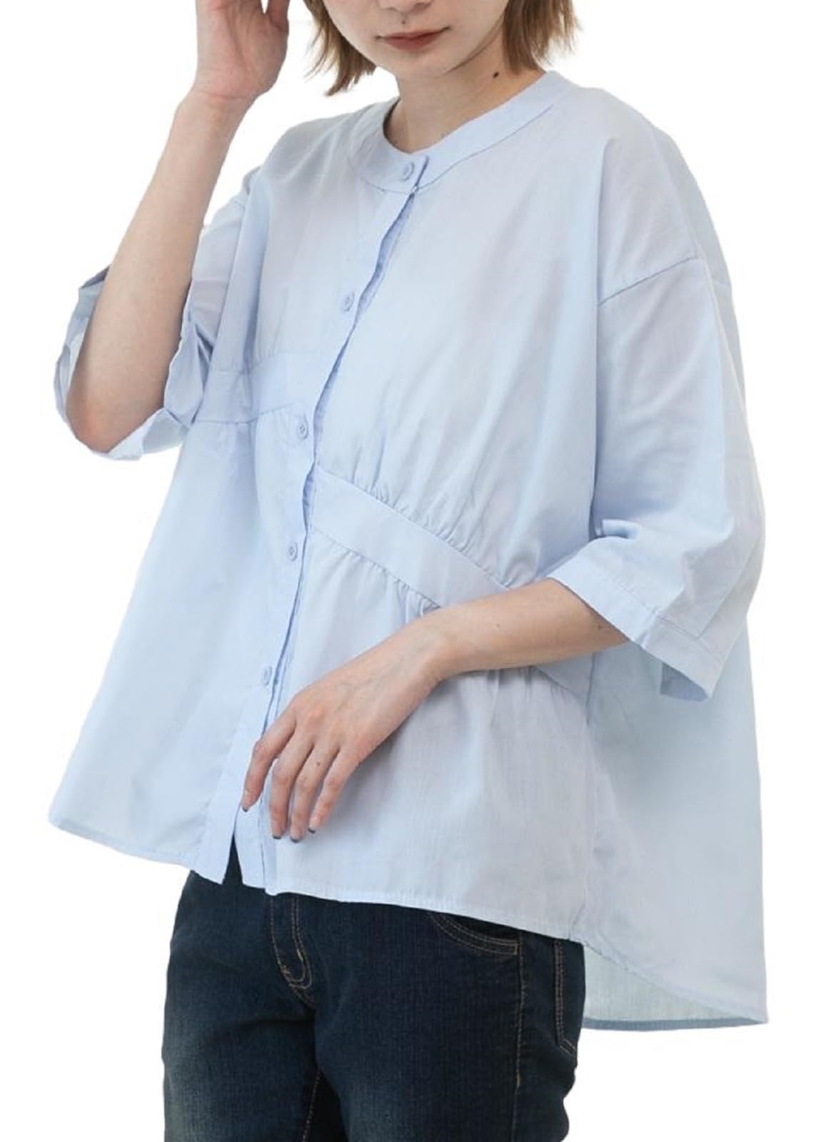 

Shirt Blouse Tunic Band Collar Gathered Sleeves Volume Light [1/2plus] [Nibunnoichiplus] 3/4 Women s (M, Blue) світло-синій колір