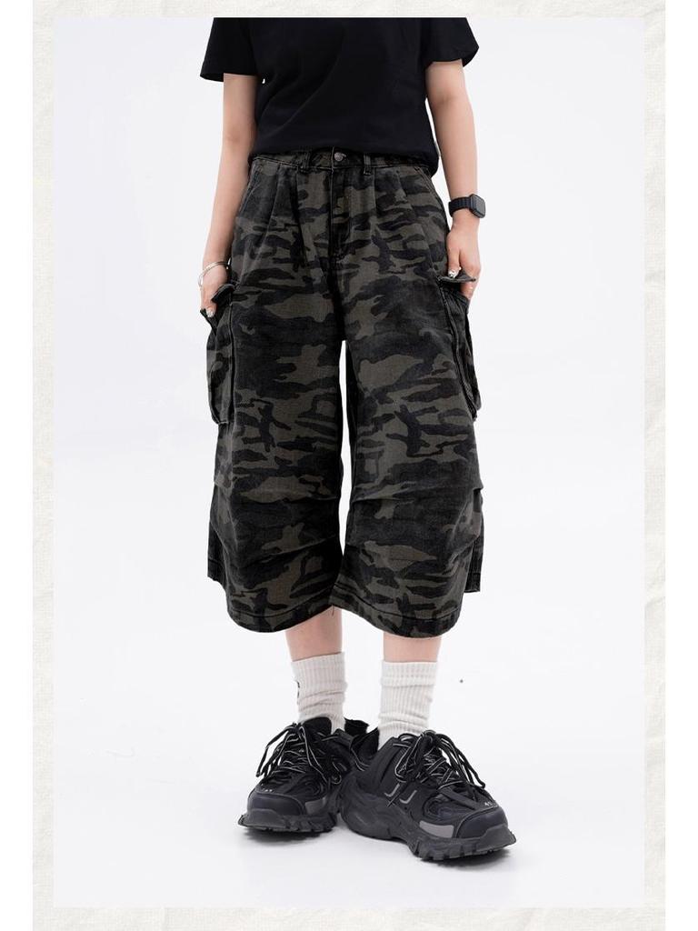 Salopetă Retro Camuflaj cu Talie Înaltă și Picioare Late cu Buzunare Multiple WHOOWAP