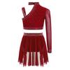 Girls Sparkly Rhinestones Crop Top Ruched Irregular Dance Skirt Figure Skating Gymnastics Set