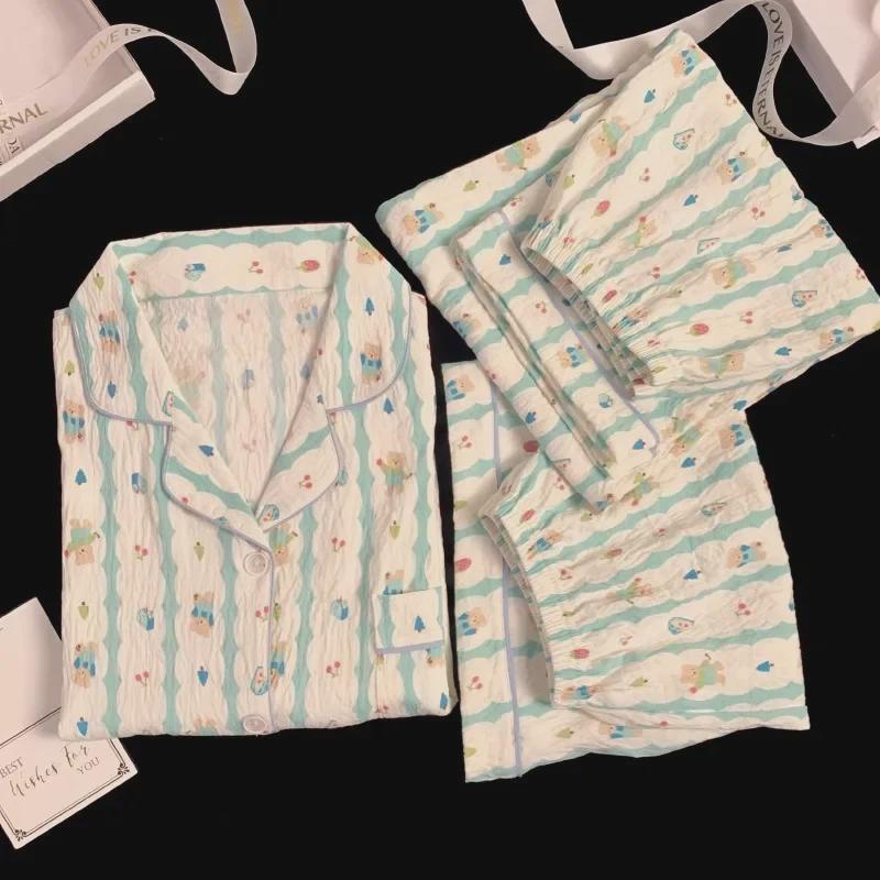 Blue Bear Women's Summer Cotton Pajama Set - Short-Sleeved, Cute Cartoon Design, Three-Piece Loungewear.