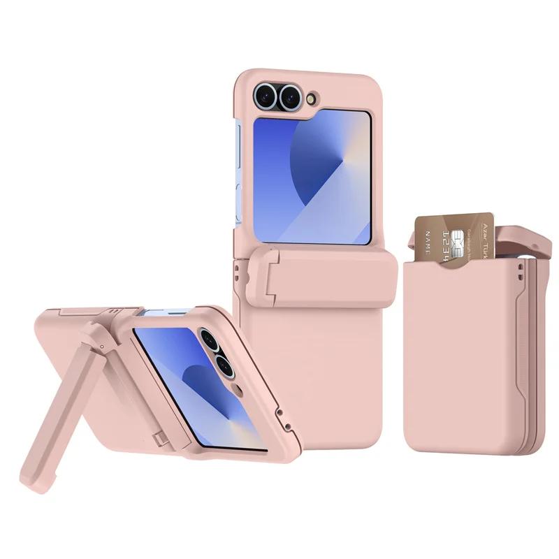 Solid Color Wallet Card Slot Folding Phone Case For Samsung Galaxy Z Flip 7 FE 6 5 Matte Shockproof Bracket Hinge Protect Cover