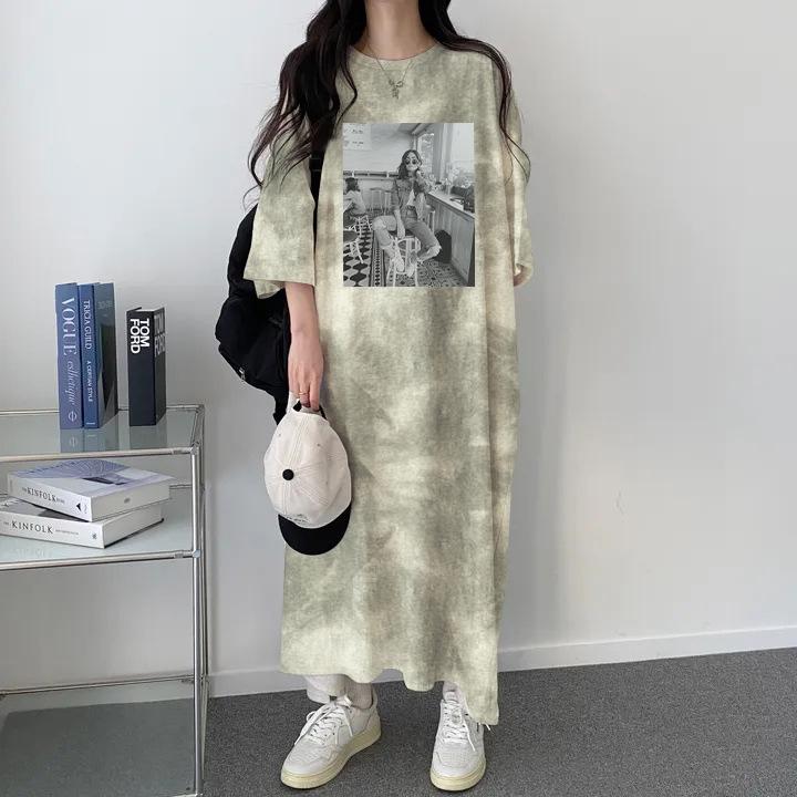 

2024 Футболка-платье в корейском стиле тай-дай свободного кроя с надписью - Женский повседневный летний стиль Large