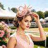 Race Day Fascinator Headpiece with 3D Flower, Feather Decors, Netted Veil and Clip-and-Headband Attachment for Cocktails Party