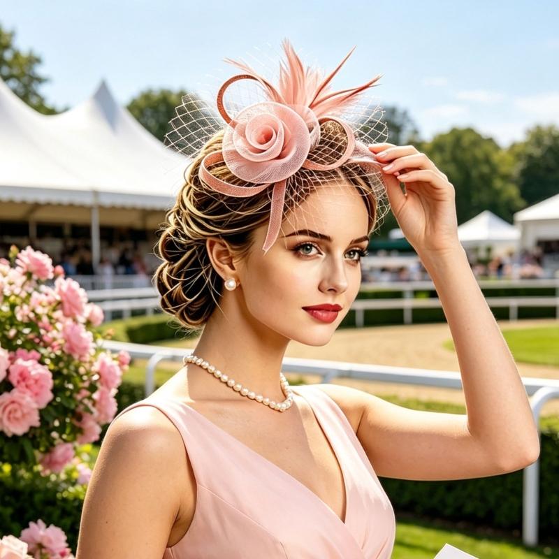 Race Day Fascinator Headpiece with 3D Flower, Feather Decors, Netted Veil and Clip-and-Headband Attachment for Cocktails Party