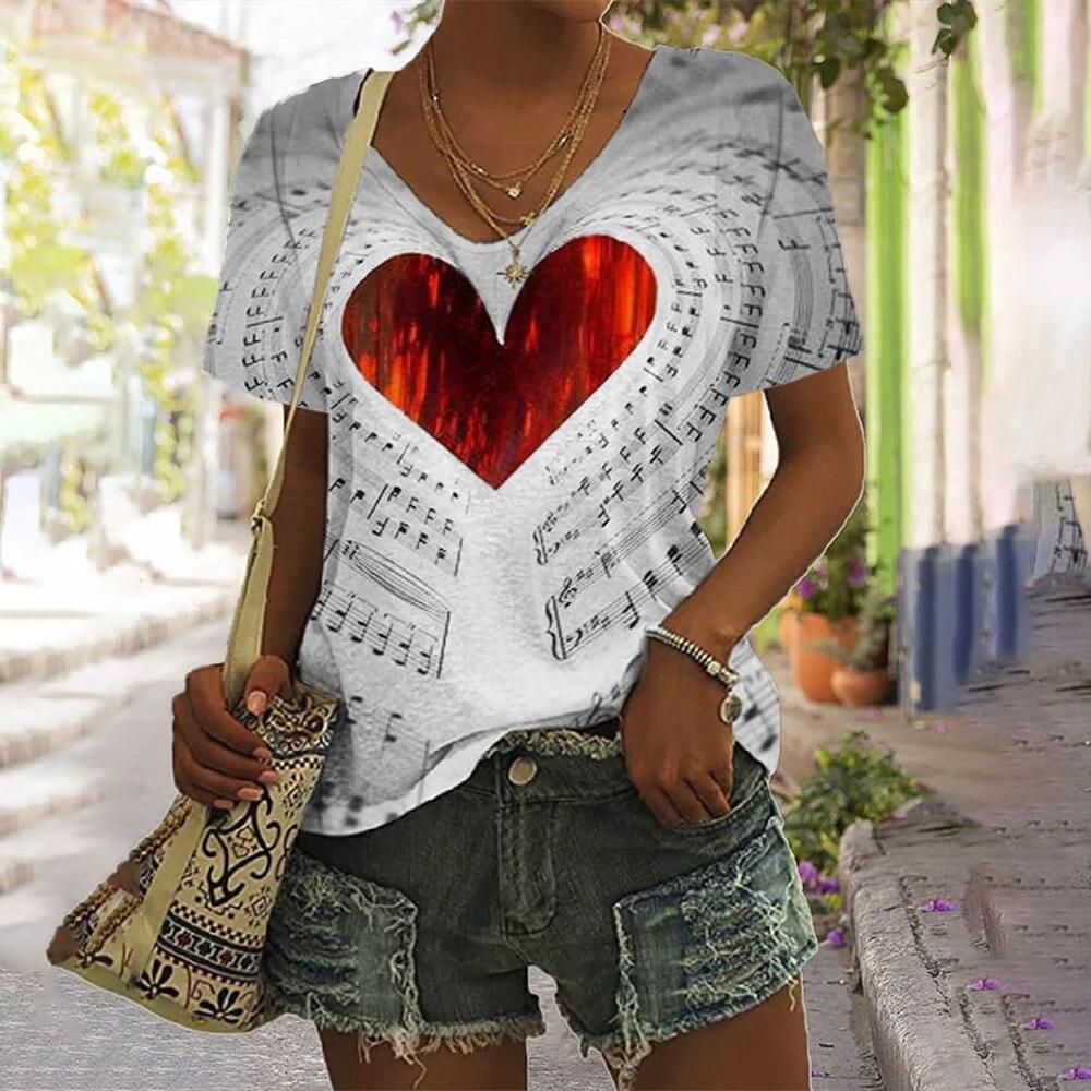 Music Notes 3d Printing Women's Casual Fashion Street Short-sleeved V-neck T-shirt