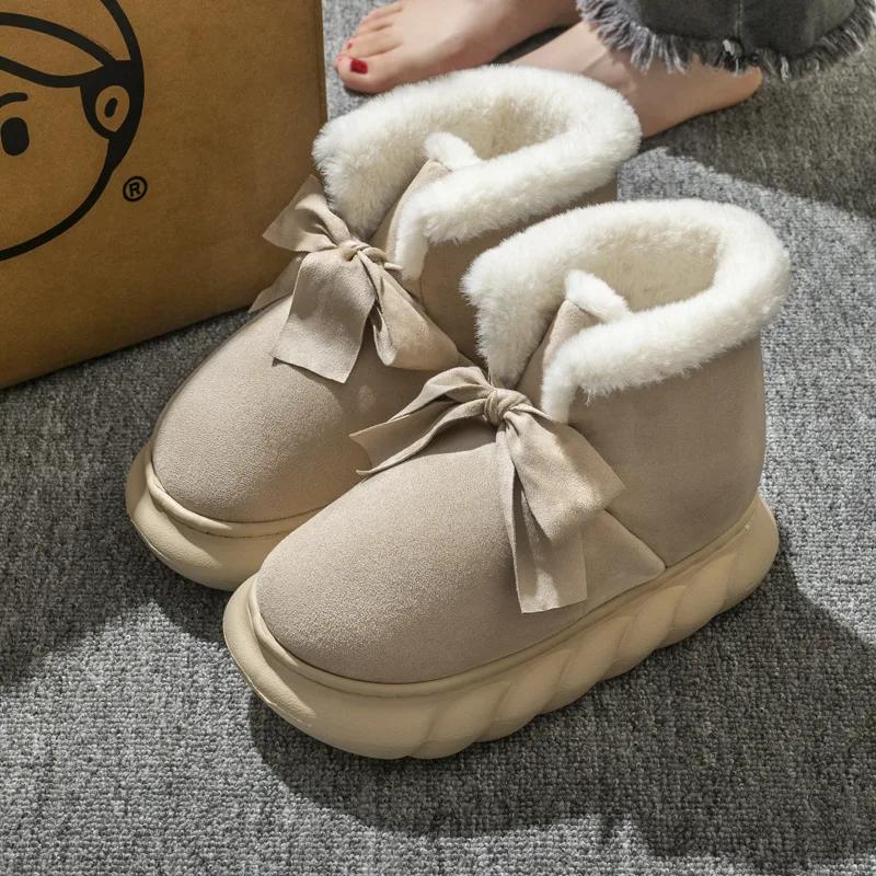 Fashion 2025 New Winter Warm Slippers Women Home Floor Shoes Soft Plush Lace-up Female Indoor Street Snow Boots Girls Platform Footwear