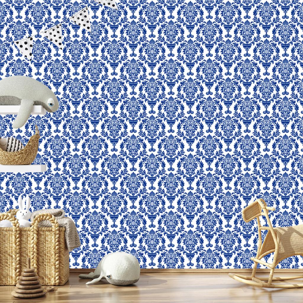 Blue and Azure Damask Wallpaper for Living Room and Bedroom 50x1000