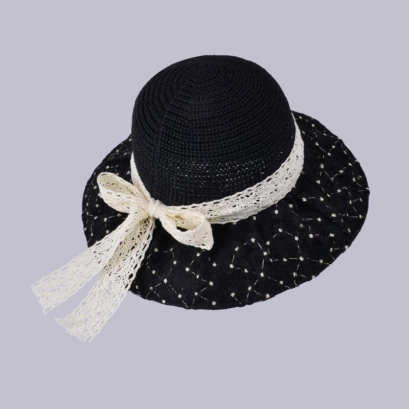 

Летняя кружевная шляпа-ведро с бантом из лент, маленькая ромашка, с широкими полями, от солнца, для улицы, универсальная, пляжная, от солнца