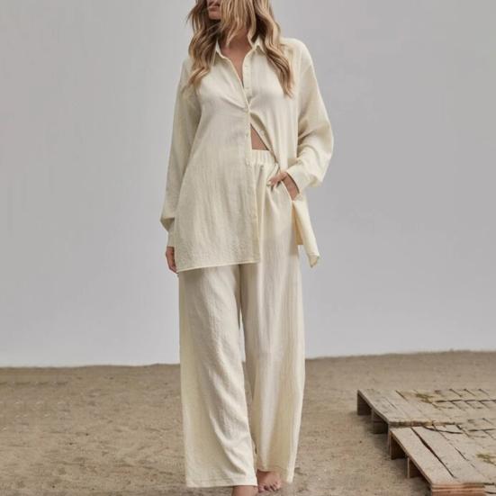 

2 шт./компл., женская блузка, комплект брюк, однотонный однобортный отложной воротник, повседневные летние топы с длинными рукавами, брюки, костюм, женская одежда XL розовый