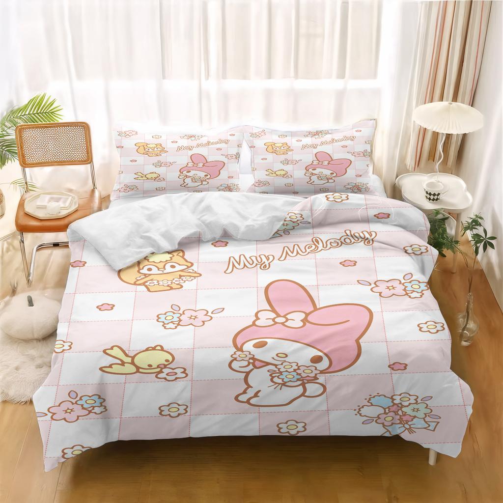 Miniso-My Melody Set Copripiumino Set Biancheria da Letto per Bambini Casa Matrimoniale Set da 3 Pezzi 1 Copripiumino Lusso 100% Poliestere Stampato Moderno