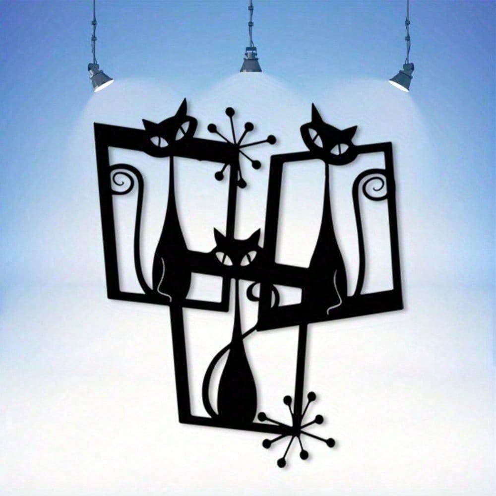 Metal Black Cat Wall Art Abstract Iron Sculpture Vintage Home Garden Decor