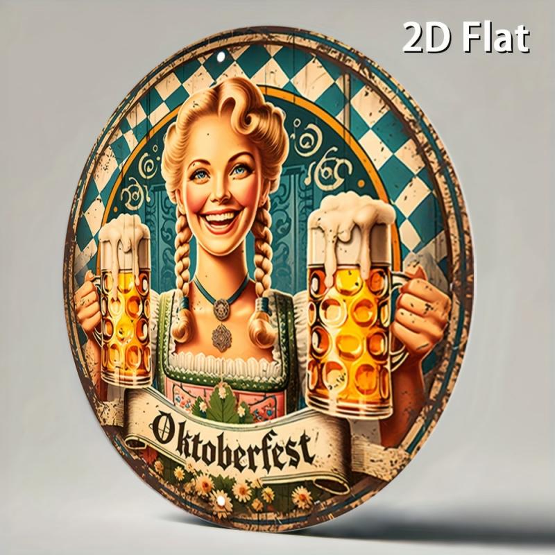 Hisun Tin Sign Vintage Oktoberfest Beer Girl Retro Metal Tin Painting Rustic Distressed Bavarian Festival Round Wall Art Decor Classic German