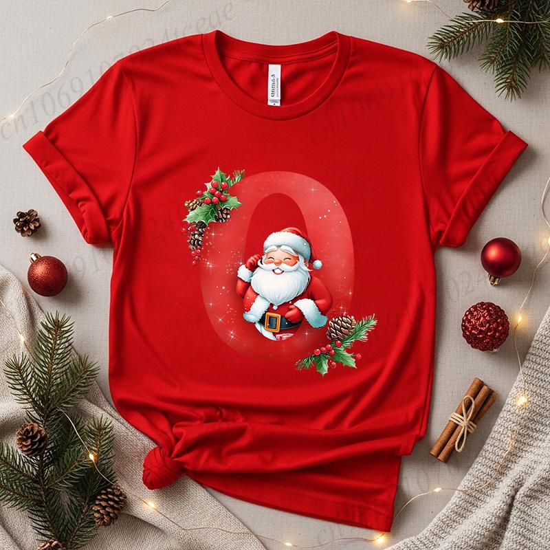Christmas SantaAlphabet Letter Print T-shirt Short Sleeve Crew Neck Casual Top Kids Festive Holiday Women's Clothing Top