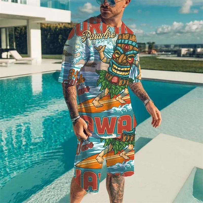 Summer Men's T Shirts+Shorts 2PCS Outfits Casual Holiday Style Shorts Sets 3D Print Cool Clothes Fashion O-Neck Beach Tracksuit