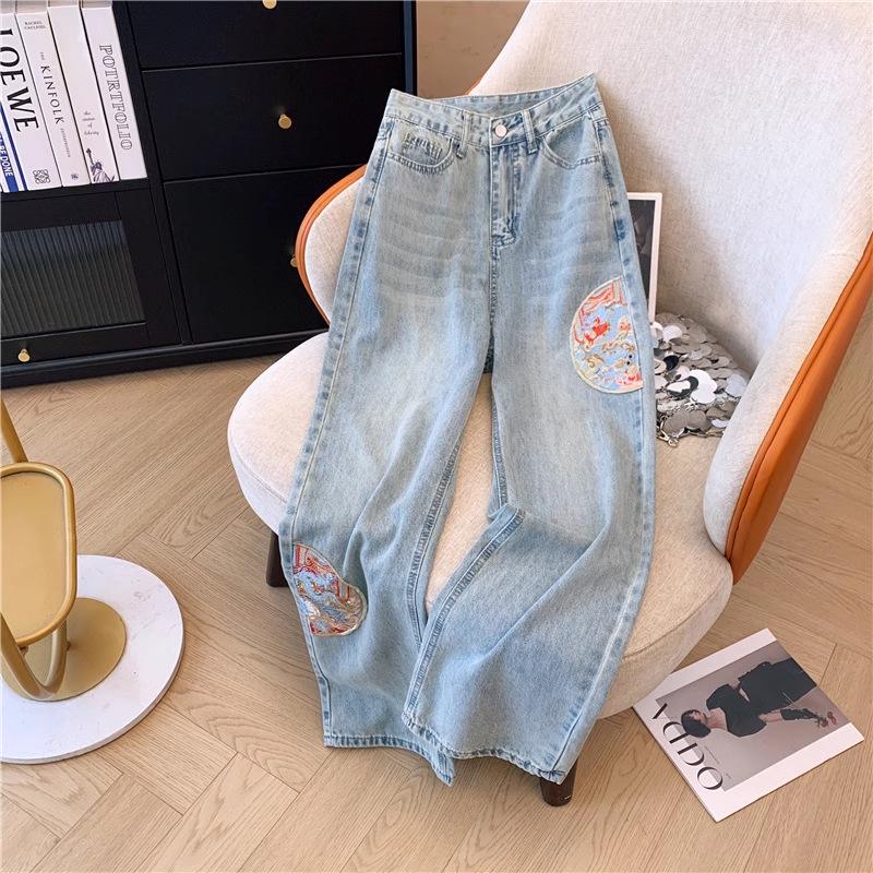 

Women s 2025 High-Waisted Embroidered Wide-Leg Jeans - National & Chinese Style 2XL