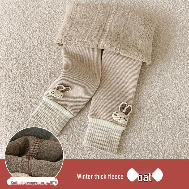 Girls' Velvet-Lined Fleece Leggings - Medium-Thick, Striped Rabbit Design for Winter