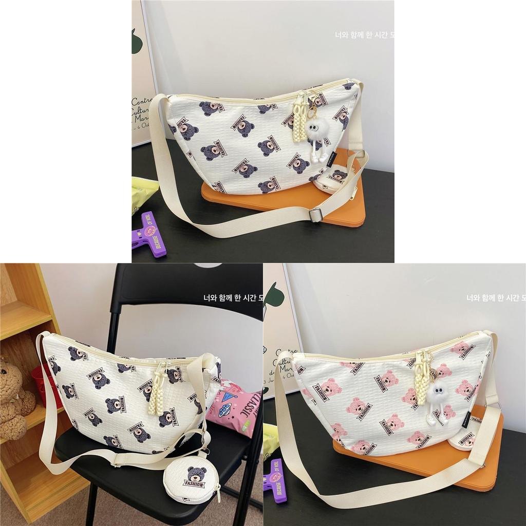 Cute Bear Print Cotton Shoulder Bag For Daily Use With Zipper Closure And Mobile Pocket