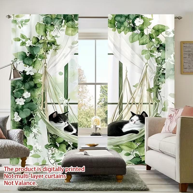 2 Pcs Hanging Basket Cat Print Curtains,suitable for Bedroom,living Room Kitchen Decoration,home Decoration,window Decoration