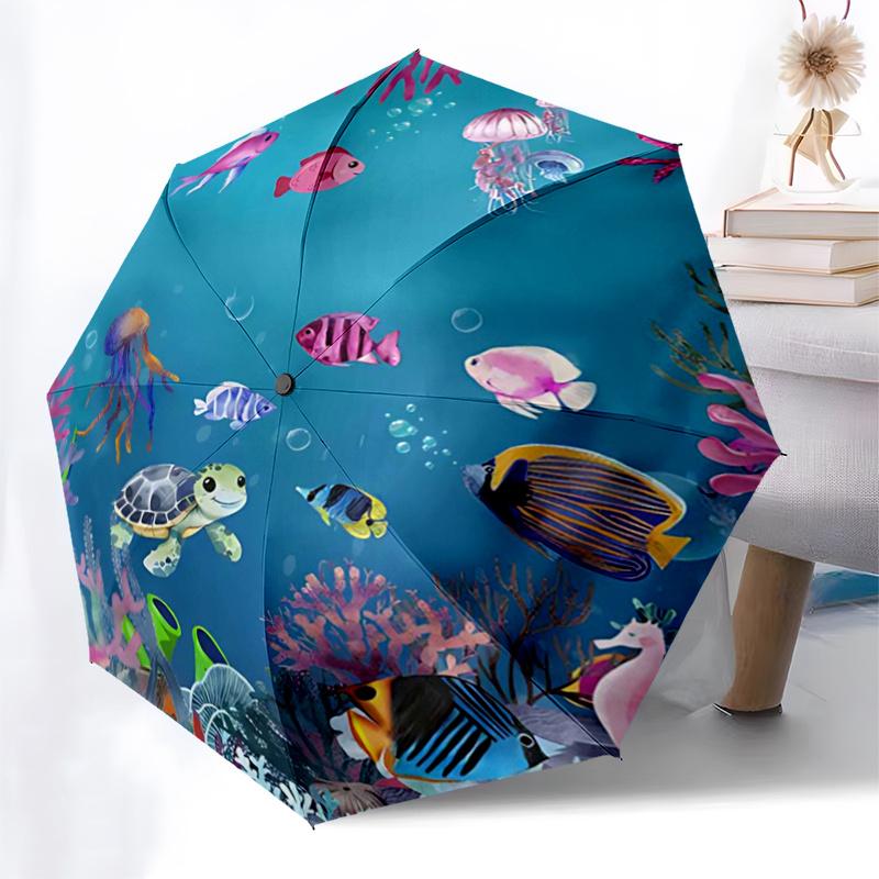 Underwater Paradise: Colorful Sea Life Coral Reef Jellyfish Fish Turtle Starfish Automatic Opening Folding Umbrella - Outdoor Rain Gear for