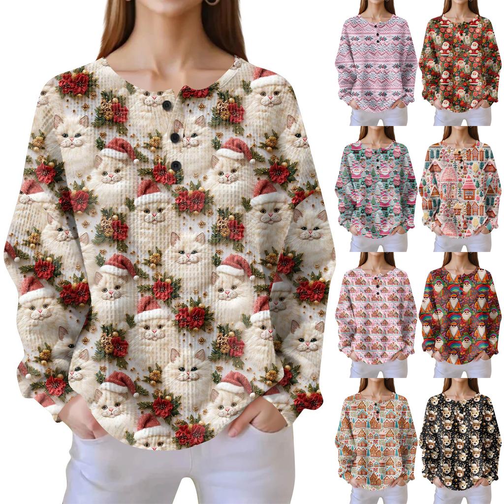 Women's Fashionable Casual Christmas Print V-Neck Long-Sleeved Button-Down Blouse