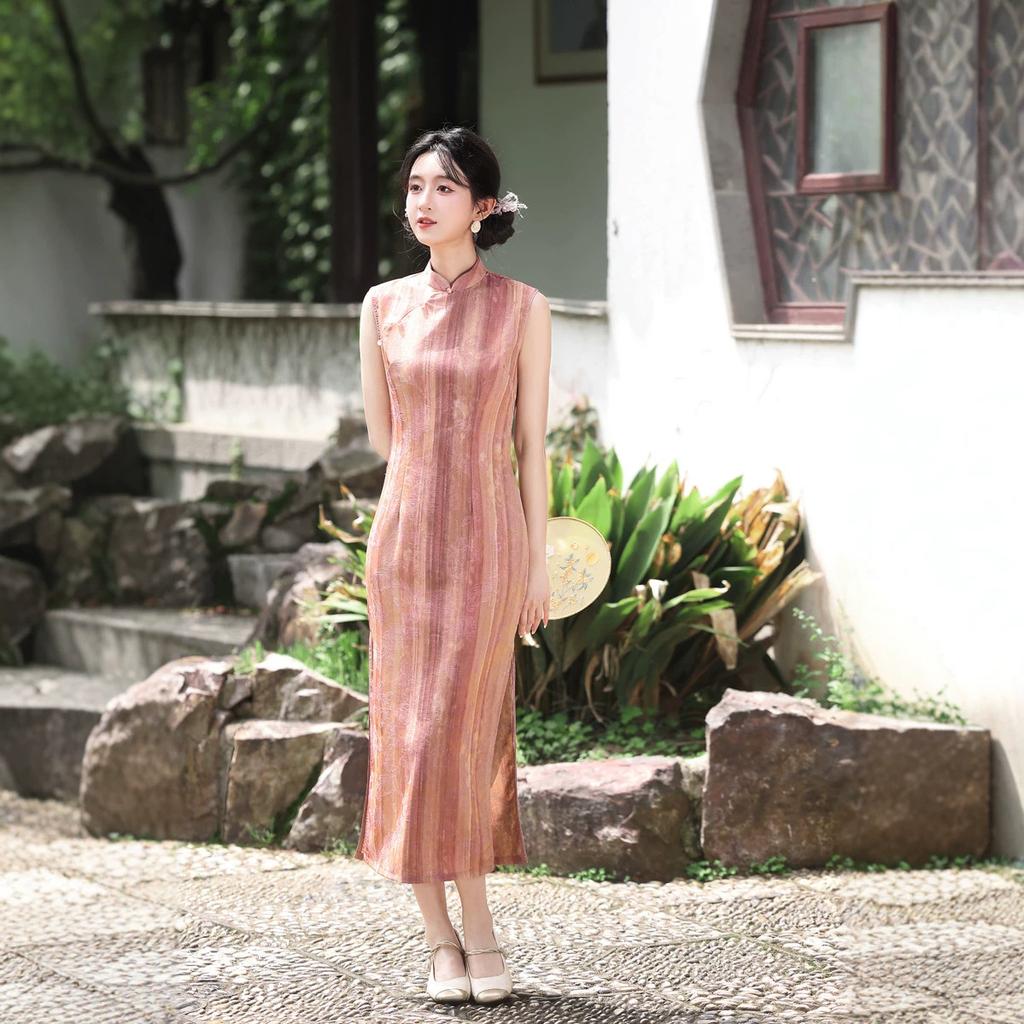 1011 summer new floating cotton cheongsam national style thin retro slim long sleeveless wedding dress