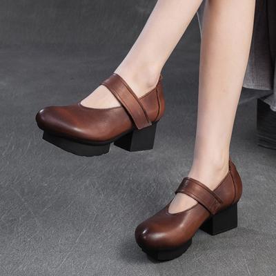 Décolleté versatili in vera pelle con tacco, stile retrò, punta rotonda, scarpe basse da donna