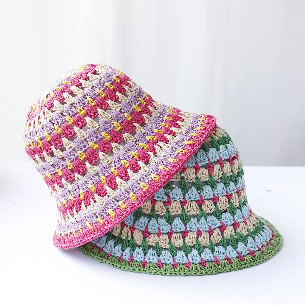 2025 New Fashion Style Bucket Hat Multicolor Foldable Sun Crochet Hat For Beach, Travel And Vacation Handmade Straw Hat