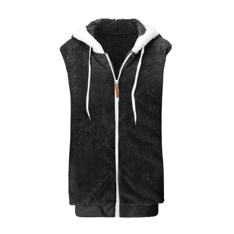 Warm Plush Vest Jacket Womens Fashion Sleeveless Hooded Zipper Pocket Solid Color Loose