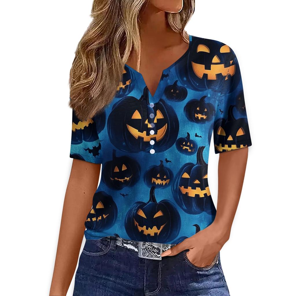 Women's T Shirt Tee Halloween Printed Button Short Sleeve Tunic Daily Weekend Fashion Basic V- Neck Regular Top