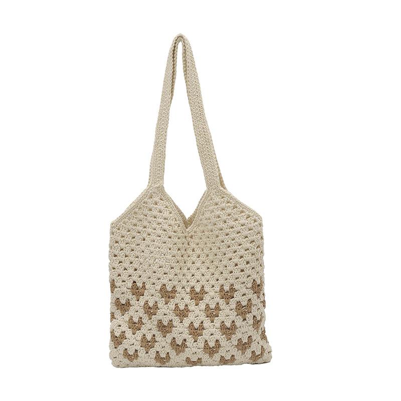 

Summer Lightweight Soft Knit Shoulder Bag for Women Ctrast Color Ladies Underarm Bag Hollow Design Seaside Travel Handbag Tote бежевый