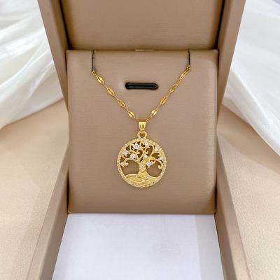 Tree Of Life Light Luxury Temperament Gorgeous Full Diamond Necklace Female Versatile Clavicle Chain Titanium Steel Chain
