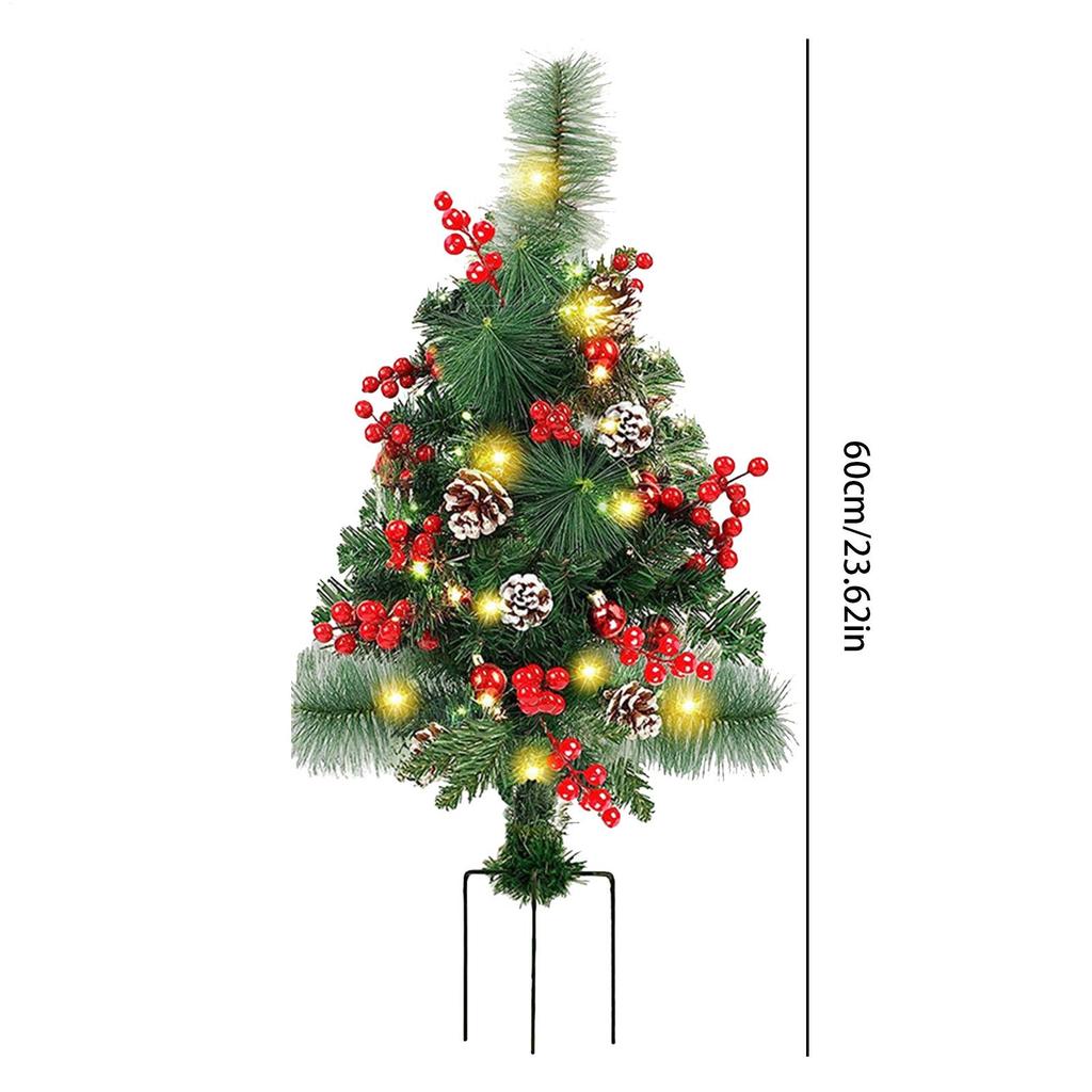 LED Christmas Tree 23.6 Inch With Stake Red Berry Pine Cone Holiday Decor Fake Christmas Tree Yard Garden Patio Entryway Pathway