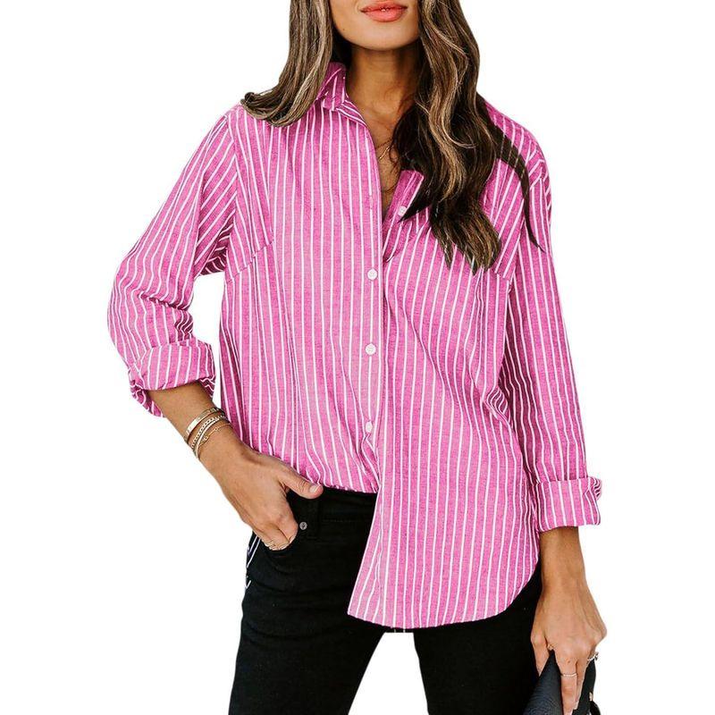 

European and American Women clothes 2024 New Casual Striped Long Sleeve Button Lining Bright powder XXL