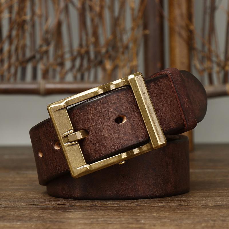 Men's Leather Belt Thickening Bolding Vegetable Tanned Full-Grain Leather Cowhide Brass Buckle Retro Genuine Leather Fashion