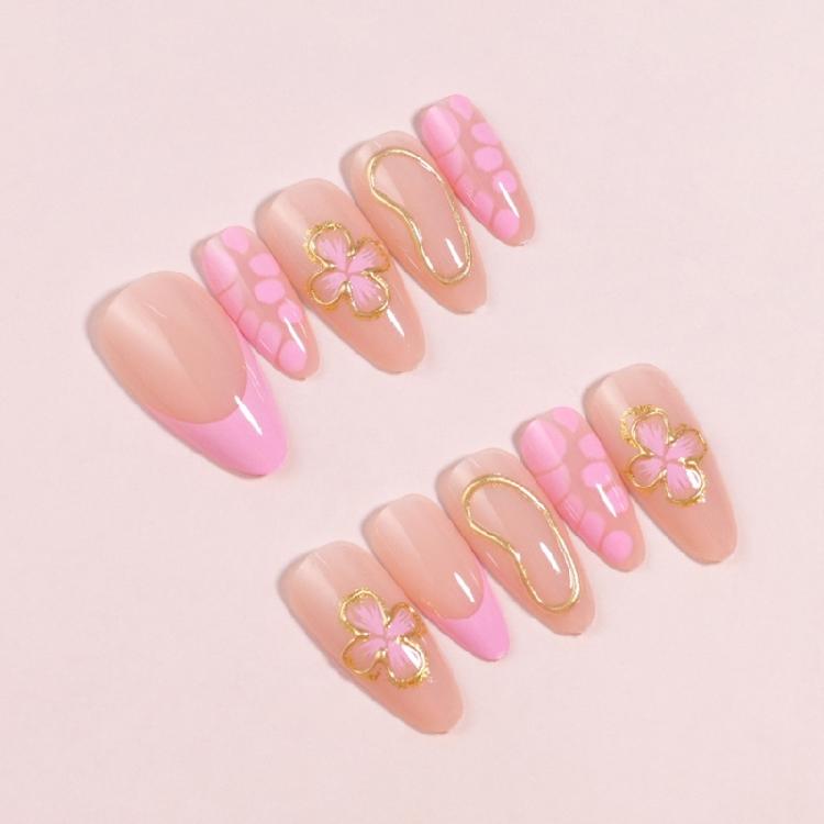 24 Pieces Almond Shape False Nail Medium Length Stick On Nail With Delicate 3D Floral Patterns Nail Art Decoration