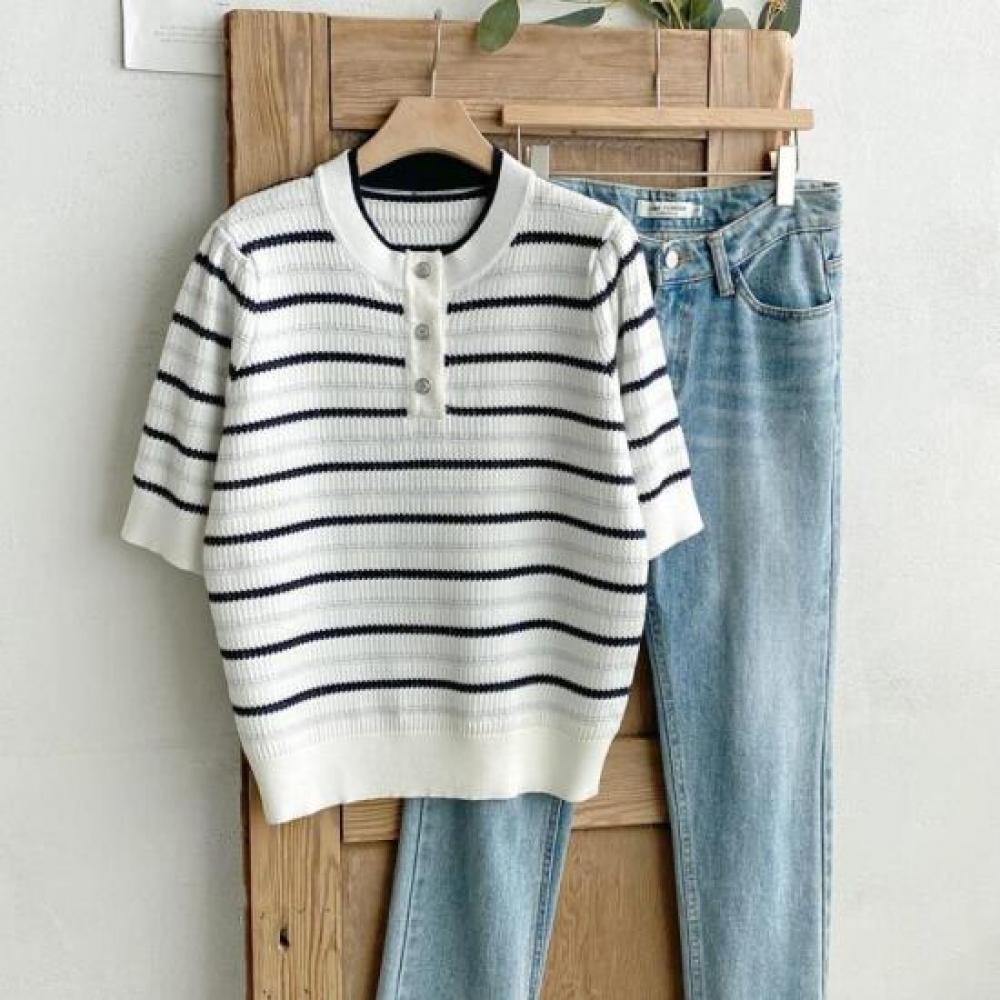 New Arrivals Open Run Short Sleeve Knit Round Neck Ribbed Punching Mesh Stripe